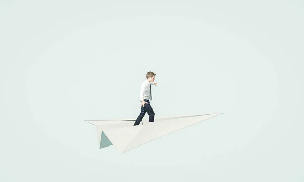 Young Business Man Flies Paper Plane Concept Unconventional Solution Brainstorming — Stock Photo, Image