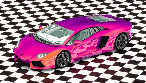 点検された階の虹色の紫色のスーパーカー 3Dレンダリング スポーツカーやモーターレースの概念は — ストック写真