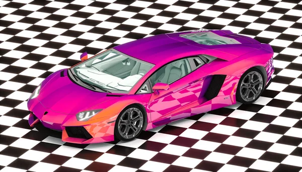 Iridescente Supercarro Roxo Chão Quadriculado Renderização Conceito Carro Esportivo Automobilismo — Fotografia de Stock