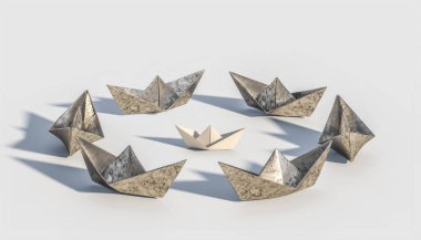 Metal teknelerle çevrili origami kağıt teknesi. Güç ve benzersizlik kavramı. 3d hazırlayıcı.