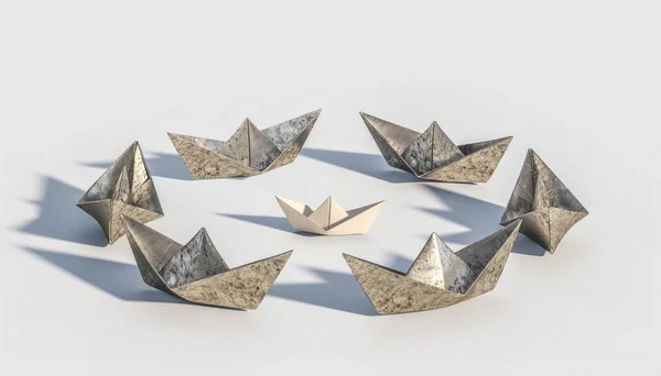 Origami Papírhajó Körül Fém Hajók Erő Egyediség Fogalma Renderelés — Stock Fotó