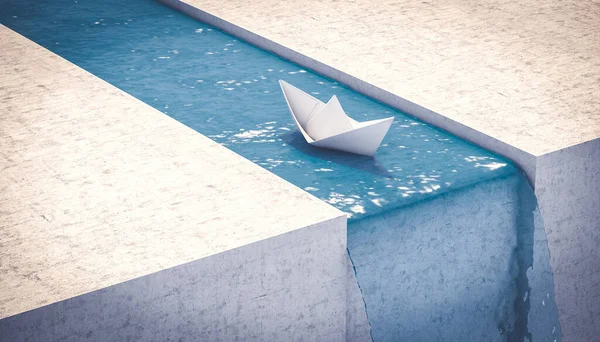 Papírhajó Hajózik Egy Vízeséshez Váratlan Problémák Fogalma Renderelés — Stock Fotó