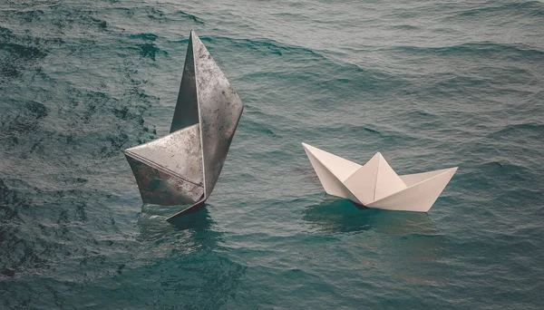 metal boat sinks while paper boat sails on the water. 3d render.
