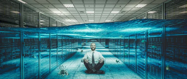 Smiling Man Sitting Floor Flooded Server Center — Stock Photo, Image