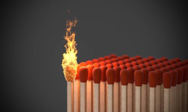 Bir kibrit grubunda yanan kibrit. 3d hazırlayıcı.