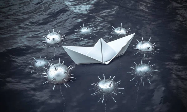 Paper Boat Captive Surrounded Explosive Mines Sea Render — Stock Photo, Image