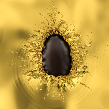 Çikolata yumurtası düşüyor ve sıvı altına çarpıyor. 3d hazırlayıcı.