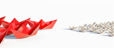 Origami kağıt tekne grupları karşı karşıya. kavramsal 3d görüntüleme.