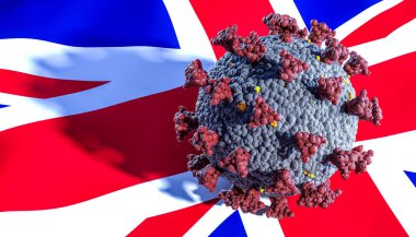 Coronavirus covid-19 virüsünün İngiliz versiyonu. İngiliz krallığının 3D bayrağı.