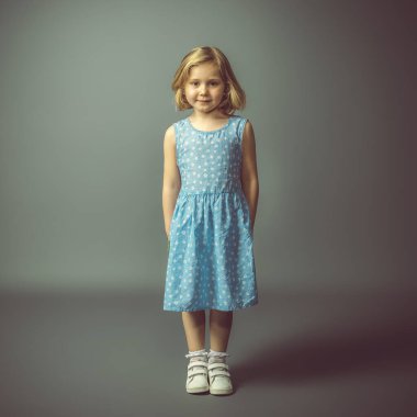 5 yaşındaki beyaz bir kızın fotoğraflı portresi. Stüdyo çekimi