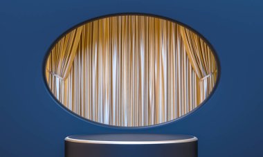 Podyum ve oval pencereli altın perdeler. 3d hazırlayıcı.