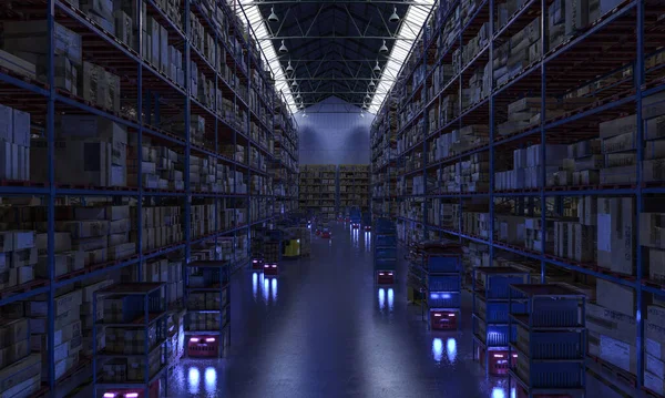 Εσωτερικό Μιας Αυτοματοποιημένης Αποθήκης Τηλεκατευθυνόμενα Στη Δουλειά Νυχτερινή Θέα Απόδοση — Φωτογραφία Αρχείου