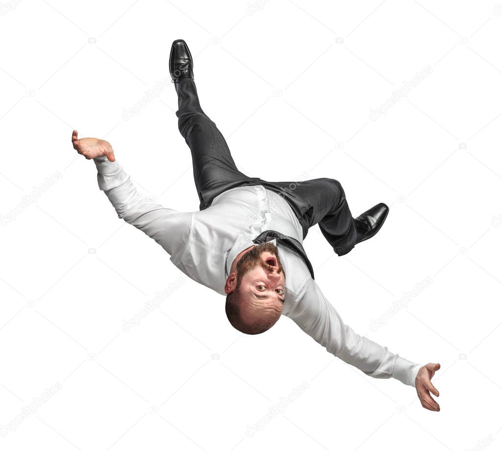 businessman falling down isolated white background.