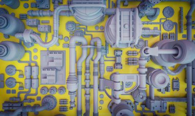 Boruların, kabloların ve endüstriyel elementlerin bilim kurgu geometrik arka planı. 3d hazırlayıcı