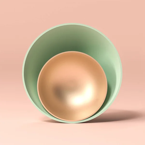 金色和绿色碗在粉色背景上的抽象背景 3D渲染 — 图库照片