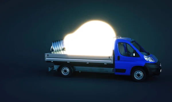 truck carries a large lighted and luminescent light bulb. concept of idea and creativity, solutions. 3d render.