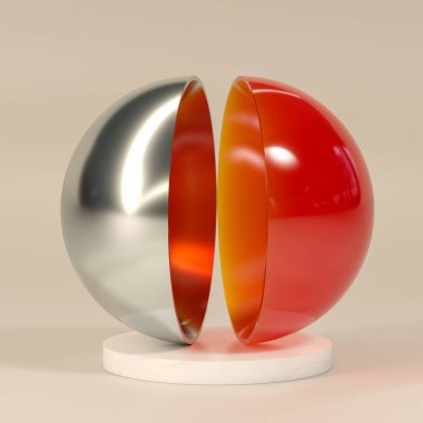 Mermer podyumda yarım küresel şekilli soyut bir arkaplan. 3d hazırlayıcı.