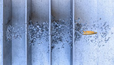 Kurşun beton duvarları delip geçiyor ve onları yok ediyor. 3d hazırlayıcı.