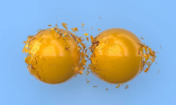金属橙色球体 碰撞和碎裂 3D渲染 — 图库照片