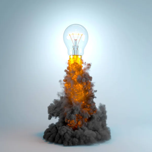 Gloeilamp Die Vliegt Met Rook Vlammen Concept Van Innovatie Creativiteit — Stockfoto