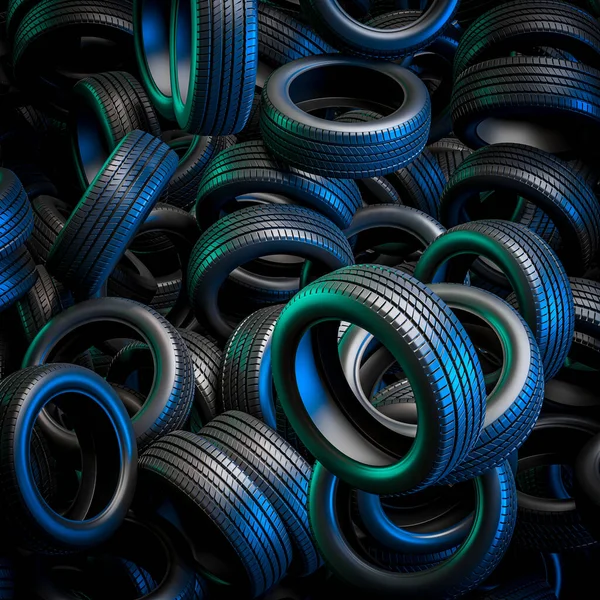 緑と青のライト 3Dレンダリング画像を持つタイヤ — ストック写真