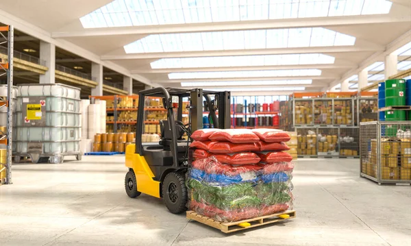 forklift in action inside a warehouse full of goods. 3d render.