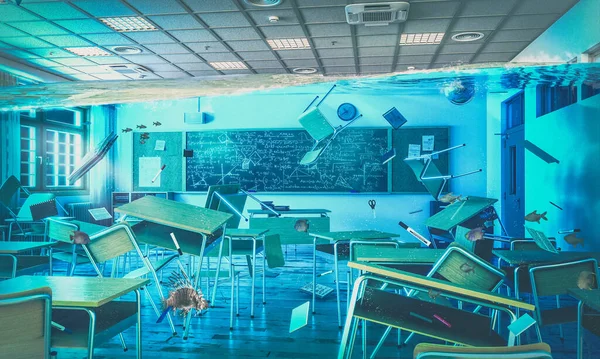 Egy Lebegő Asztalokkal Székekkel Rendelkező Iskola Belseje Belsejét Elárasztották Halak — Stock Fotó