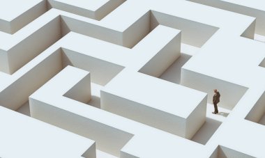 İş adamı labirentte yürüyor. Meydan okuma. 3d görüntü ve modeller.