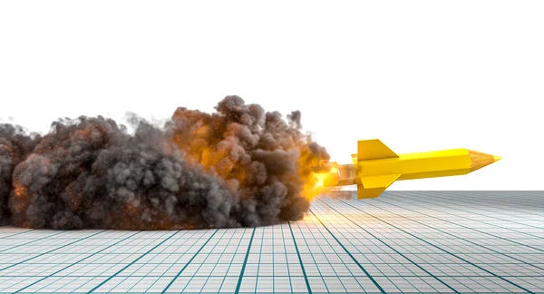 Pencil Shape Rocket Taking Flames Smoke Render — Stockfoto