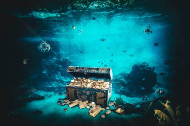 casket containing gold bars and coins at the bottom of the sea. 3d render.