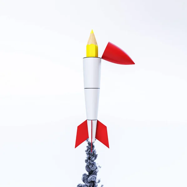 Pencil Coming Out Rocket Ready Render Creativity Concept — Zdjęcie stockowe