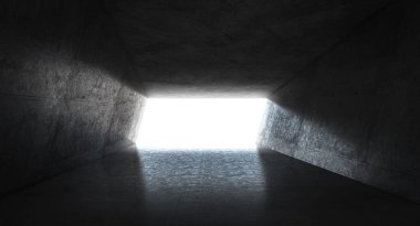 Altında ışık olan beton bir tünelin soyut iç kısmı. 3d hazırlayıcı.