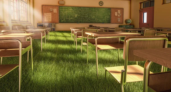 緑の芝生に覆われた床の教室の内部 自然と環境の持続可能性の概念です 3Dレンダリング — ストック写真