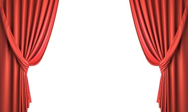 Kırmızı perdeler kurdeleyle toplanır. Beyaz üzerine izole edilmiş. 3d hazırlayıcı