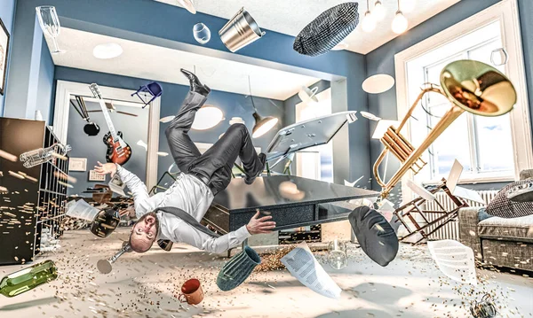 Man Fall Interior House Flying Objects Disorder Concept Confusion Disaster — Foto de Stock