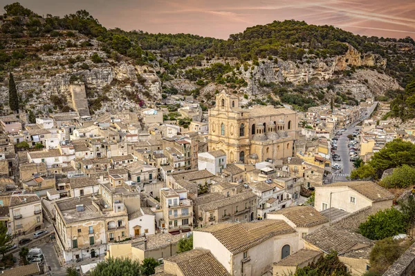 Algemeen Zicht Stad Scicli Sicilië Bij Zonsondergang Italië — Stockfoto