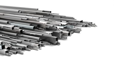 Beyaz arka planda çeşitli şekil ve boyutlarda metal profiller. 3d hazırlayıcı