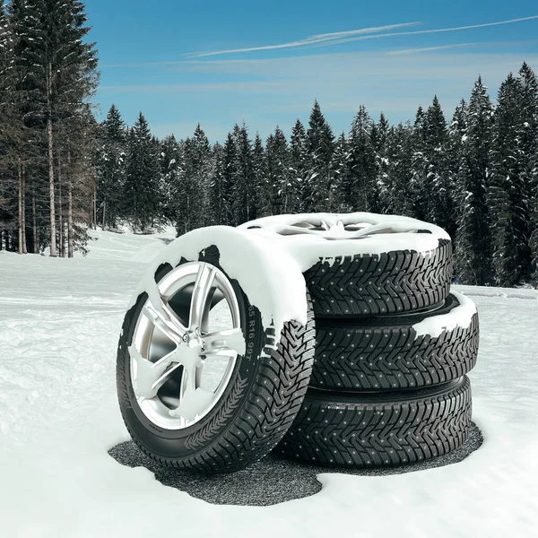 Winterreifen Mit Sportfelgen Hintergrund Mit Bäumen Und Schnee Darstellung — Stockfoto