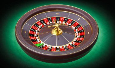 Rulet çarkı, yeşil masa 3d üzerindeki rakamları gösteriyor.