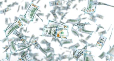 Yüz dolarlık banknotlar 3 boyutlu beyaz arka plandan düşüyor