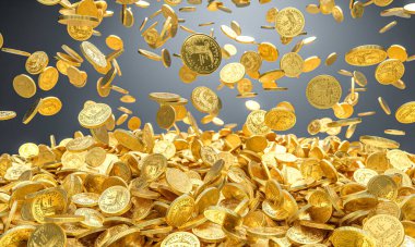 Altın sikkeler düşüyor. Büyük para yığını. 3D.