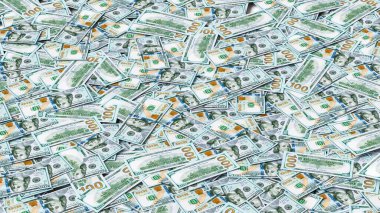 Üç boyutlu bir yüzeye dağılmış 100 dolarlık banknotlar.