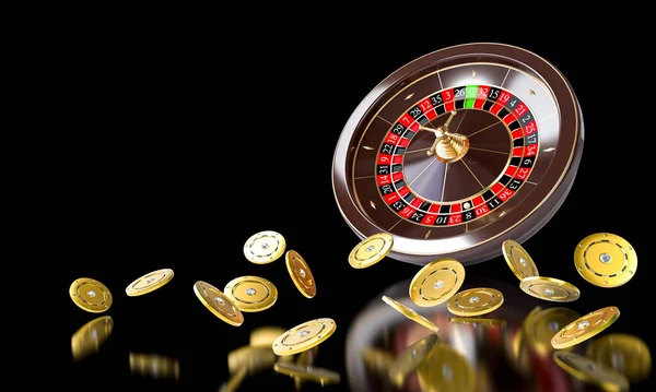 Rulet çarkı dönen altın kumarhane fişleri 3D