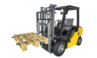 İzole edilmiş 3d Sarı forklift ahşap bir paleti kaldırıyor