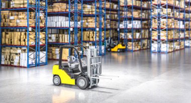 Sarı forklift 3D büyük bir dağıtım deposunda duruyor.