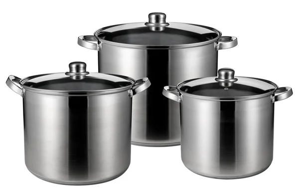 Três vasos de aço inoxidável isolados — Fotografia de Stock