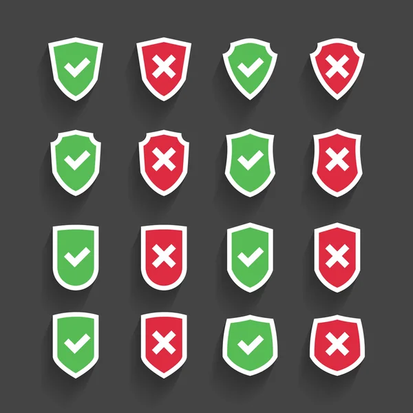Conjunto de escudos con símbolo de marca de verificación en aislado de estilo de diseño plano — Archivo Imágenes Vectoriales