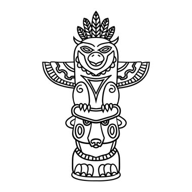 Doodle Traditional Tribal Totem Pole isolated on white background, coloring book clipart