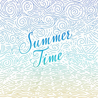 Yaz. Deniz ve gökyüzü bir arka plan üzerinde el yazısı ifade. Renkli karalamalar