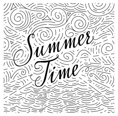 Yaz. Deniz ve gökyüzü bir arka plan üzerinde el yazısı ifade. Siyah ve beyaz karalamalar